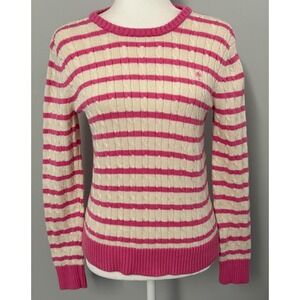 Lilly Pulitzer Women's Medium Striped Cable Knit Pink‎ Ivory Cotton Sweater